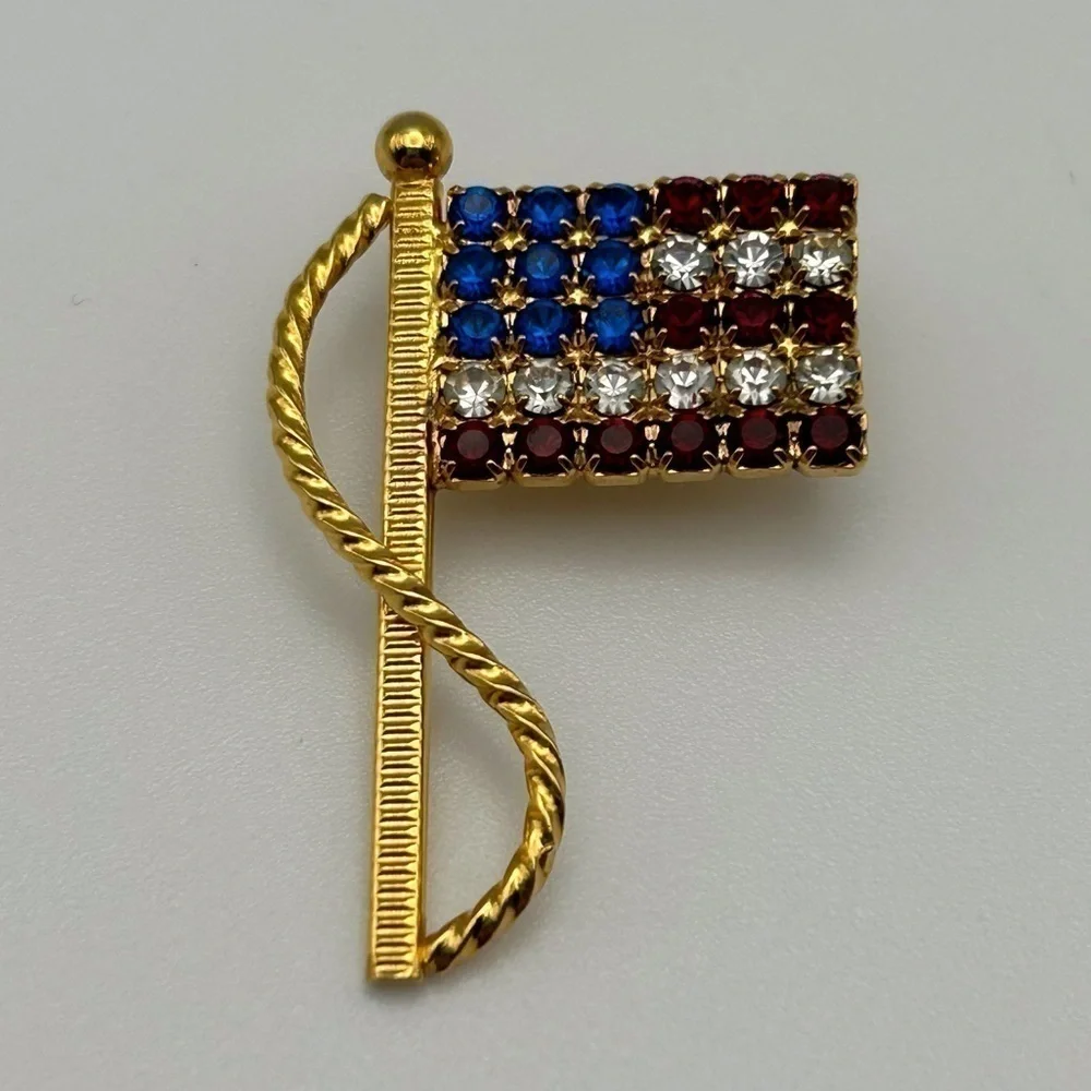 Vintage USA American Rhinestone Red White and Blue Flag Small Brooch Patriotic